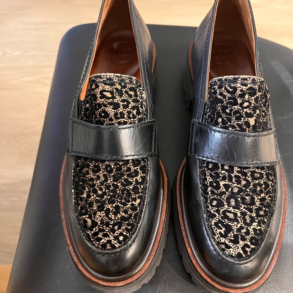 Black Leather Loafers with Leopard Print